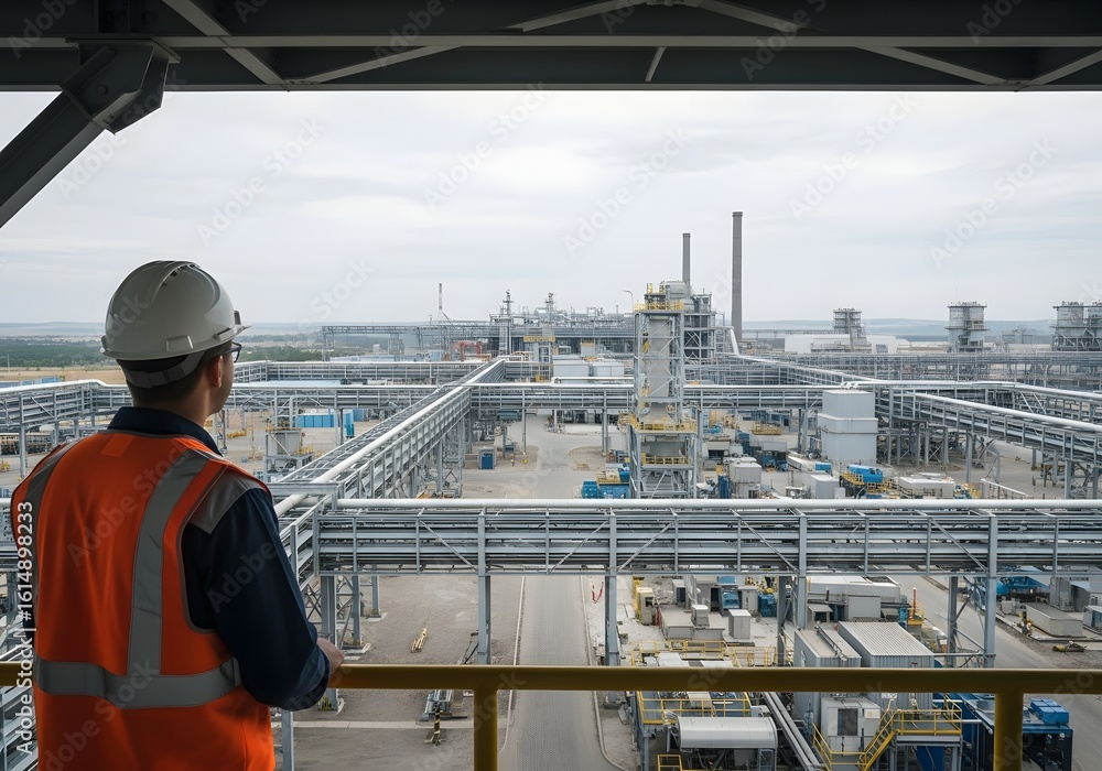 Naklejka premium Industrial complex with worker viewing operations