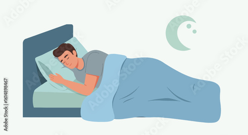 Man sleeping in bed under crescent moon night scene