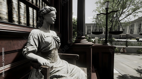 Statue of Lady Justice, seated on porch of courthouse.  Bookshelves and scales of justice visible.  Sunlight filters through trees