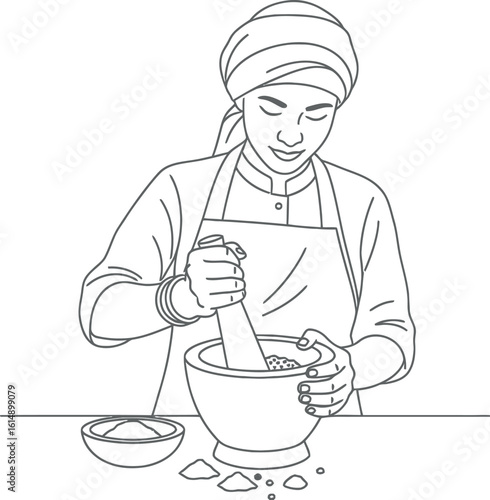 Woman Grinding Spices with Mortar and Pestle - Line Art Illustration