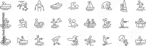 Water Sports Activities Vector Set – Surfing, Kayaking, Swimming, Jet Ski, Rafting, Marine Adventure, Outline Icons