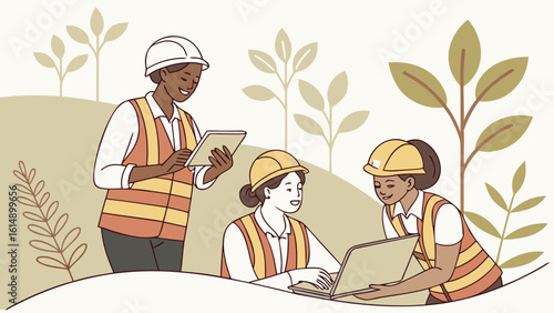 Three female engineers in safety vests and hard hats working in a natural environment outdoors