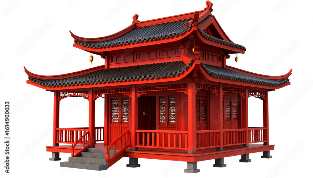 Fototapeta premium Traditional red Chinese pagoda temple architecture amidst the sky on a white background