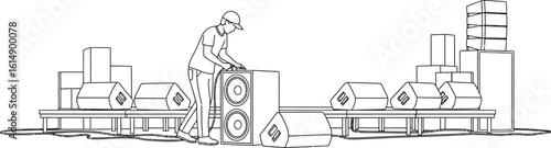 Audio Technician Setting Up Sound System for Live Event Line Art