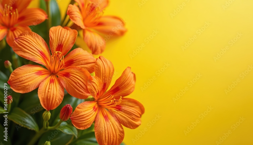 Fototapeta premium Vibrant orange blossoms flourish against sunny yellow background. This cheerful floral pattern features bright orange flowers with delicate petals and green foliage, evoking warm summer or spring day.