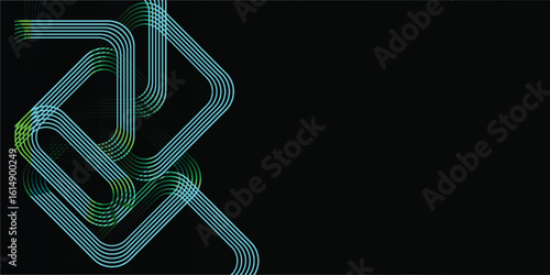 Futuristic glow line maze with layered green and cyan circuit paths on black background. Great for technology, abstract, and digital flow concepts.