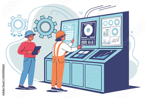 Engineers monitoring data on a large control panel with charts and graphs in a control room setting