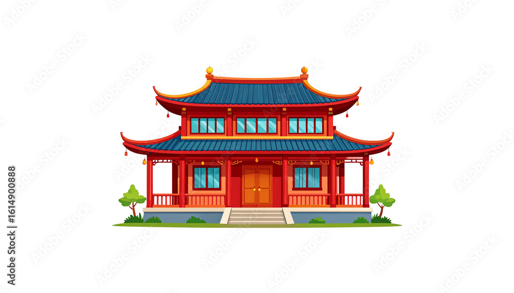 Fototapeta premium Traditional red Chinese pagoda temple architecture amidst the sky on a white background