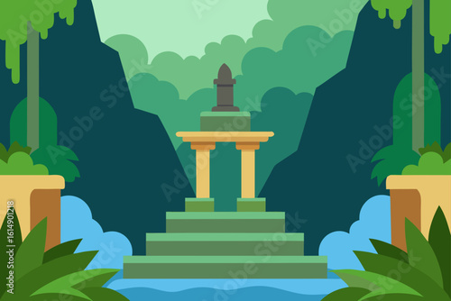 Temple ruins in lush valley