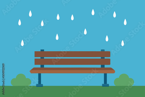 Bench under the falling rain