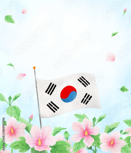 무궁화와 휘날리는 태극기