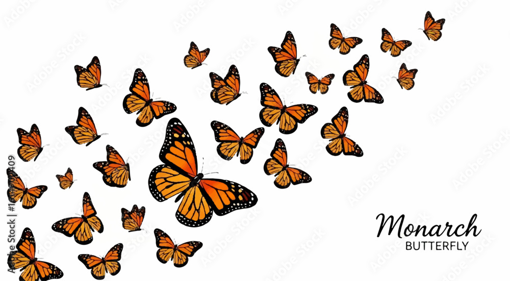 Fototapeta premium A beautiful illustration of a swarm of Monarch butterflies in flight against a white background. This nature-themed graphic is perfect for educational materials, environmental websites