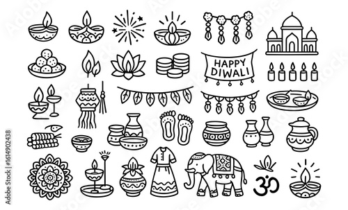 Diwali celebration symbols in linear style with traditional festive elements