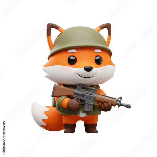A charming cartoon fox character stands ready for action wearing a military helmet and holding a rifle with a friendly expression.