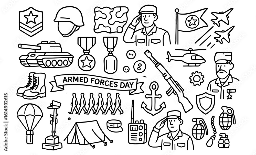 Obraz premium Armed forces day doodle collection featuring military icons and decorations