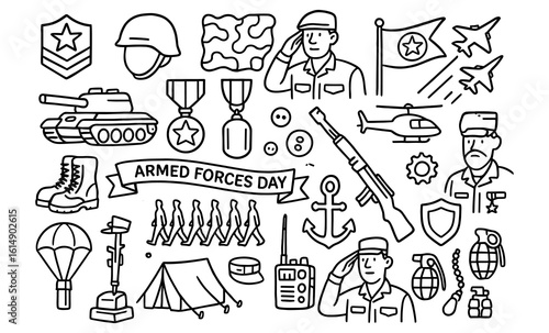 Armed forces day doodle collection featuring military icons and decorations