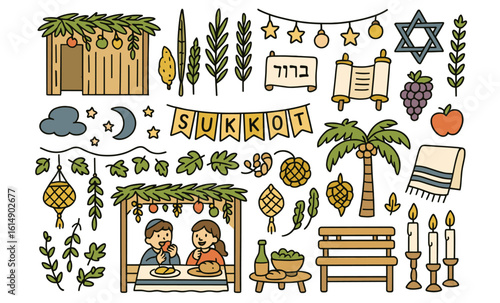 Colorful doodle elements for sukkot celebration