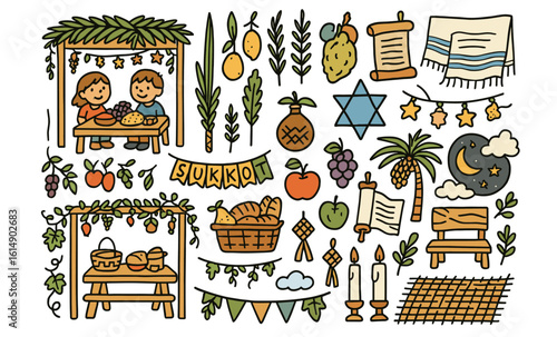Sukkot festival symbols: cartoony elements of harvest, celebration, and tradition