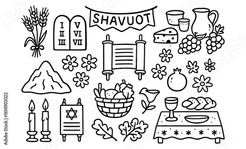 Shavuot doodle: religious symbols and harvest celebrations in black and white