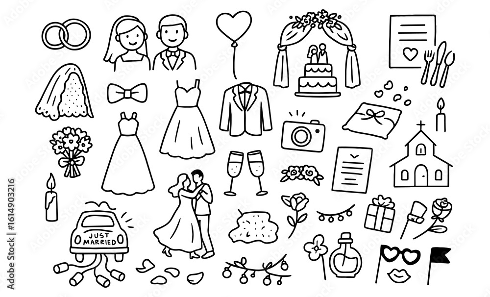 Fototapeta premium Charming wedding doodles: ceremonial elements in hand-drawn style
