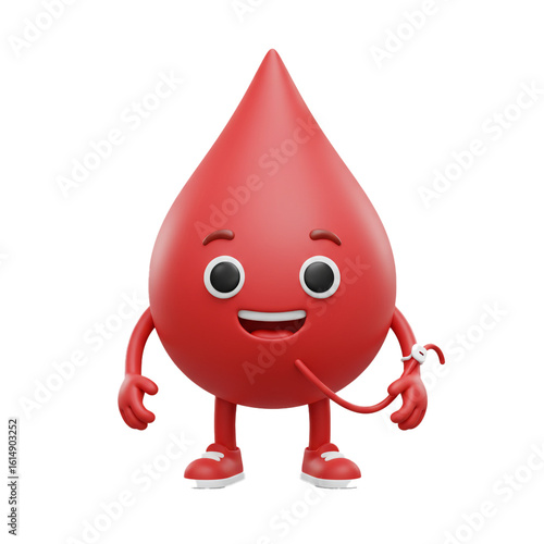 A cheerful animated blood droplet character with a friendly expression wearing sneakers and a watch ready for action.
