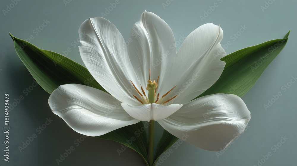 Obraz premium An artistic, flat lay image of a deconstructed tulip, with its petals, stem, and leaves all arranged separately and neatly, like a scientific specimen.
