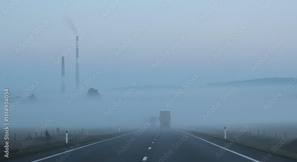 Fototapeta premium Eerie Dawn Drive Trucks Vanish into Fog Toward Industrial Smokestacks.