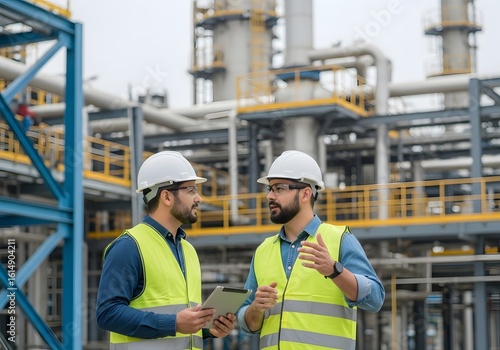 Two engineers in highvisibility vests and hard hats converse at a refinery