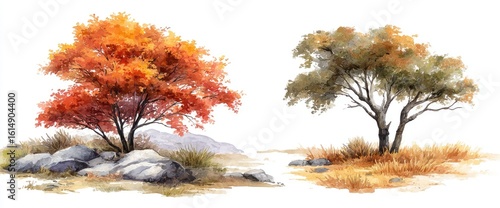 Two trees, one autumnal, one neutral, set against a landscape of rocks and grasses