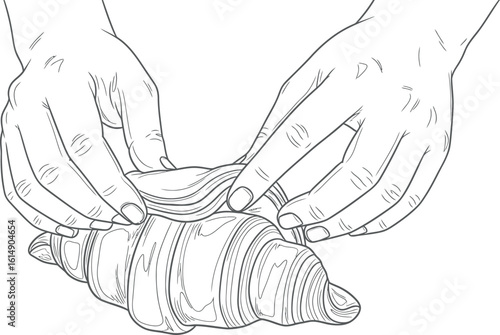Line Art Illustration: Hands Shaping Croissant Dough for Baking
