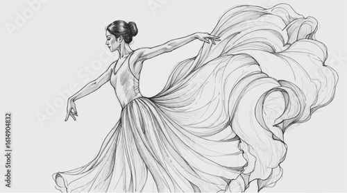 An elegant and graceful pencil sketch of a woman dancing in a large, flowing dress. This artistic illustration is perfect for websites or promotional materials for dance studios, 