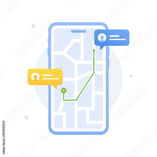 vector Illustration of a smartphone screen displaying a map interface with location indicators and message icons, representing navigation, communication, and route planning features.
