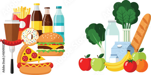 Healthy versus unhealthy food choices comparison illustration