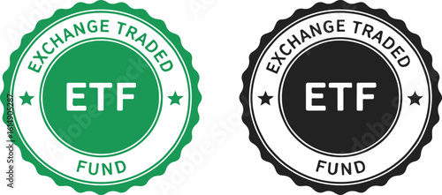 A green and black set of 'Exchange Traded Fund' (ETF) seals or stamps. This graphic is ideal for financial websites, investment blogs, educational materials, 