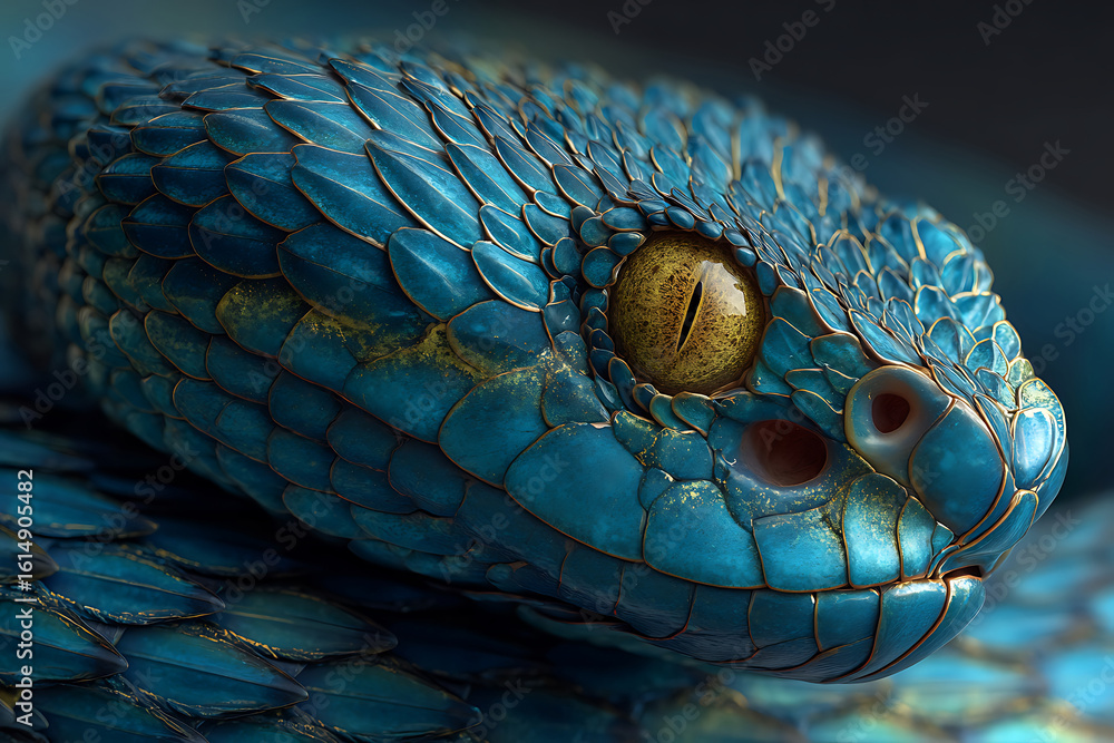 Fototapeta premium A striking closeup of a vibrant blue viper snakes head with intricate scales and piercing yellow eye
