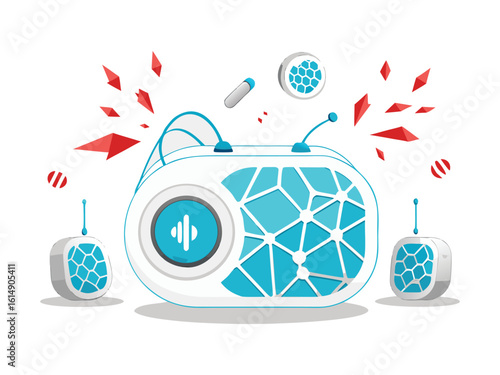 Futuristic smart speaker with networked design and sound waves
