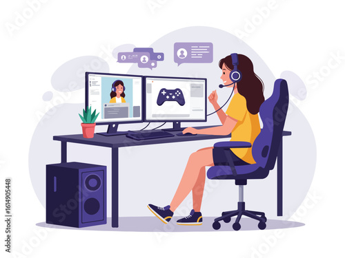 Character streaming video game content with dual-monitor setup. Digital entertainment and content creation concept. Vector illustration.