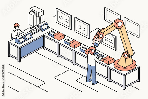 Isometric view of a factory assembly line with workers robot arm and monitoring displays present there