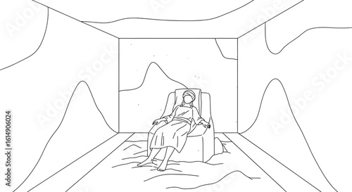 Minimalist Line Art Illustration: Isolated Person in Distorted Room - Anxiety & Mental Health Concept