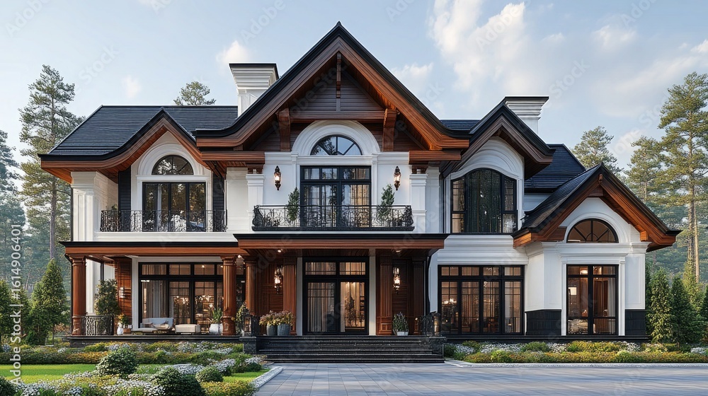 Elegant exterior of a luxury home with wood accents and landscaping. Showcase architectural design, ideal for real estate and home improvement. Elegant exterior of a luxury home with wood accents and landscaping. Showcase architectural design, ideal for real estate and home improvement.