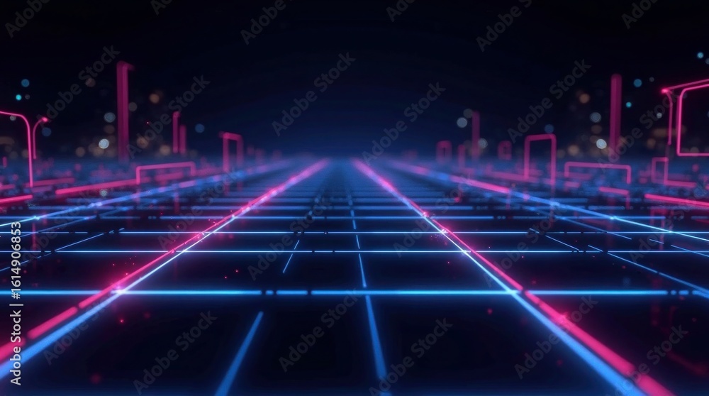 Fototapeta premium Neon grid cityscape perspective futuristic