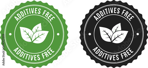 Additives Free" label set. Green and black circular badges with leaf icons for natural and healthy food products, vector illustration isolated on white.