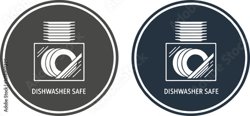Dishwasher safe icon set. Circular symbols showing plates in a dishwasher rack. Vector label for kitchenware product packaging, isolated on a white background.