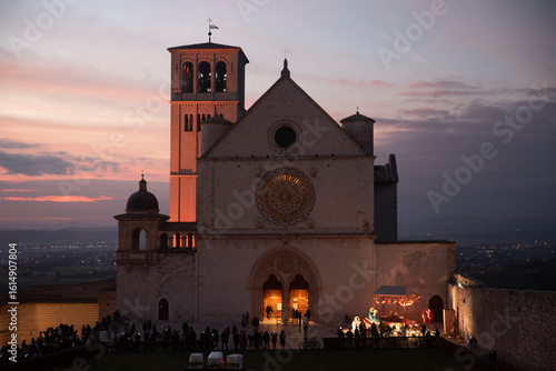 Basilica of Saint Francis in Assisi at Sunset during Christmas time.