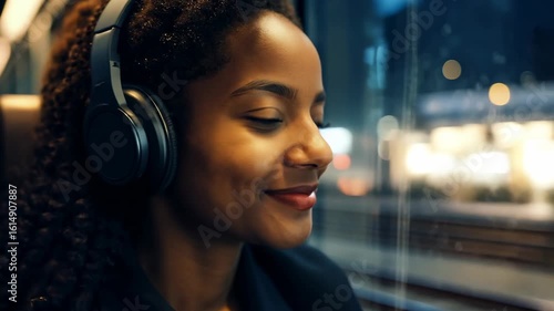 Young smiling African American woman with headphones watching city lights passing by from train. The rhythmic glow of city lights captivates her during the train ride.