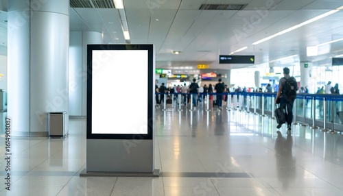 Empty advertisement display in a modern airport hallway with sleek architecture, bright lighting, and spacious surroundings, ready for custom ad content.
