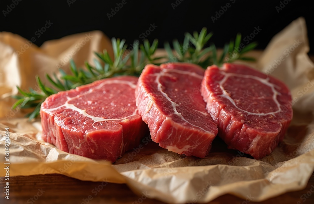 Fototapeta premium Raw red meat pieces on crumpled brown paper. Seasoned with herbs, paper crinkled. Focus on meat and paper. Uncooked beef steak ingredient for cooking dinner meal.