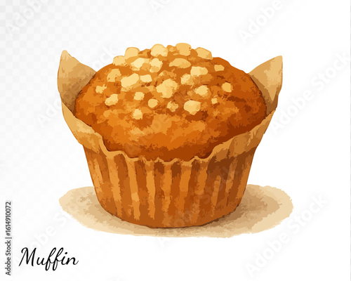 Watercolor muffin with crumble topping, hand-painted sweet baked dessert in brown paper liner. Vector illustration.
