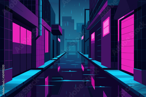 Neon cyberpunk alleyway with glowing pink windows and reflections in the wet street