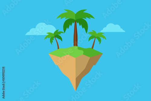 Floating island with palm trees and clouds in a blue sky